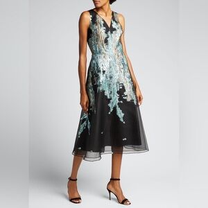 EUC Rickie Freeman Teri Jon Metallic Jacquard Illusion Cocktail Dress, Size 8